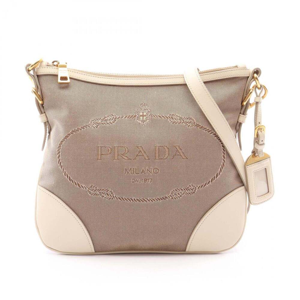 Prada LOGO JACQUARD Shoulder Bag/Handbag, Canvas and Leather, Women's, Beige/...